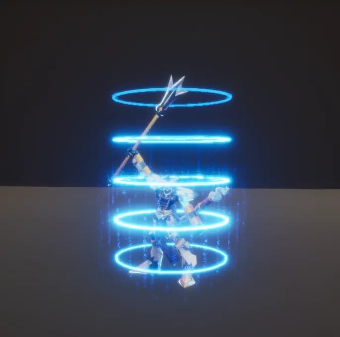 Erlangmon character standing inside cyan buff rings