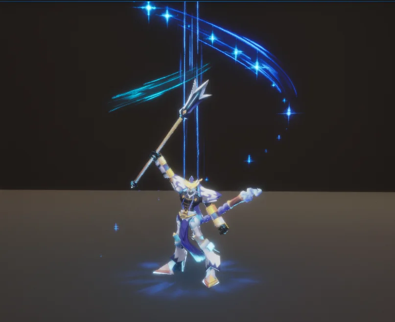 Erlangmon character with blue cel shading and Fresnel rim light