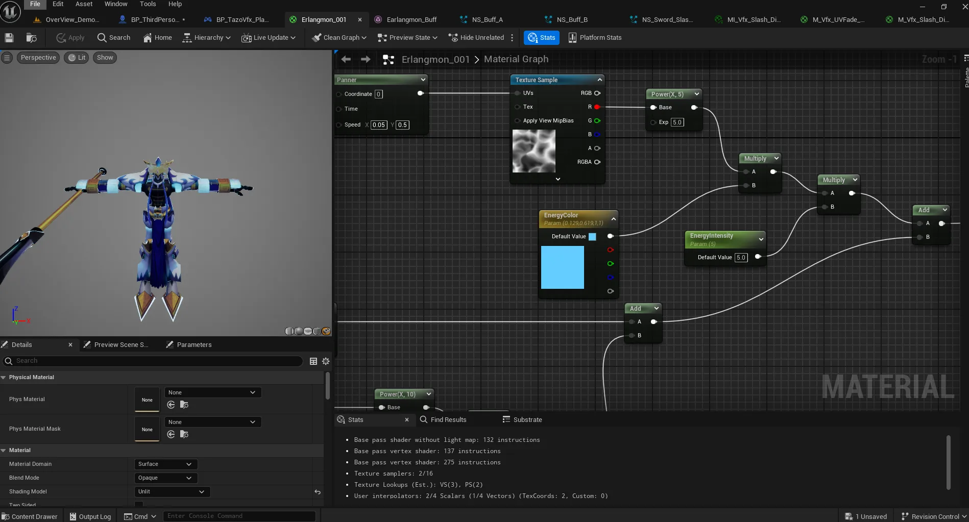 Unreal Engine material graph used for Erlangmon VFX
