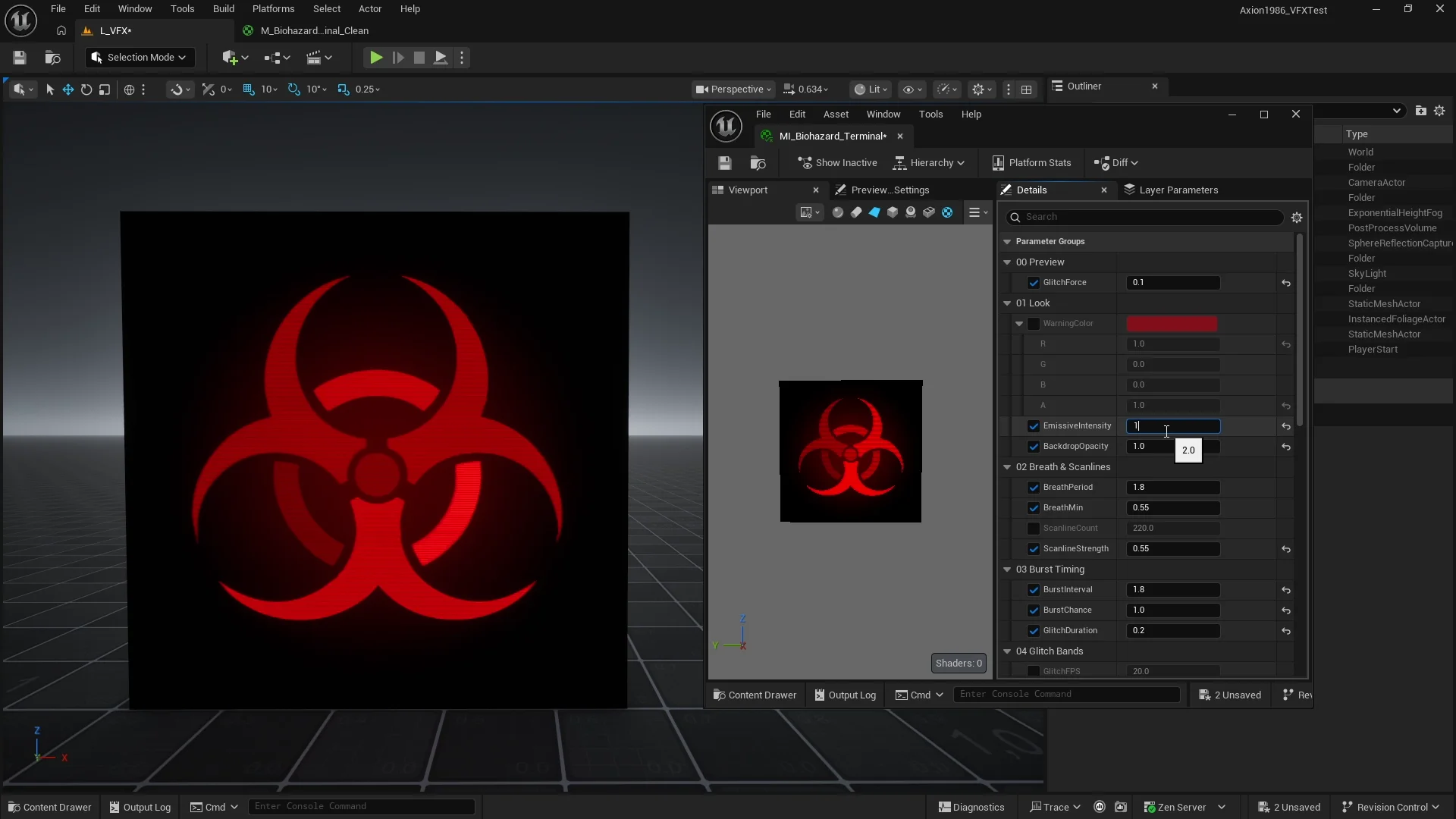 Material instance controls for timing, scanlines, and glow