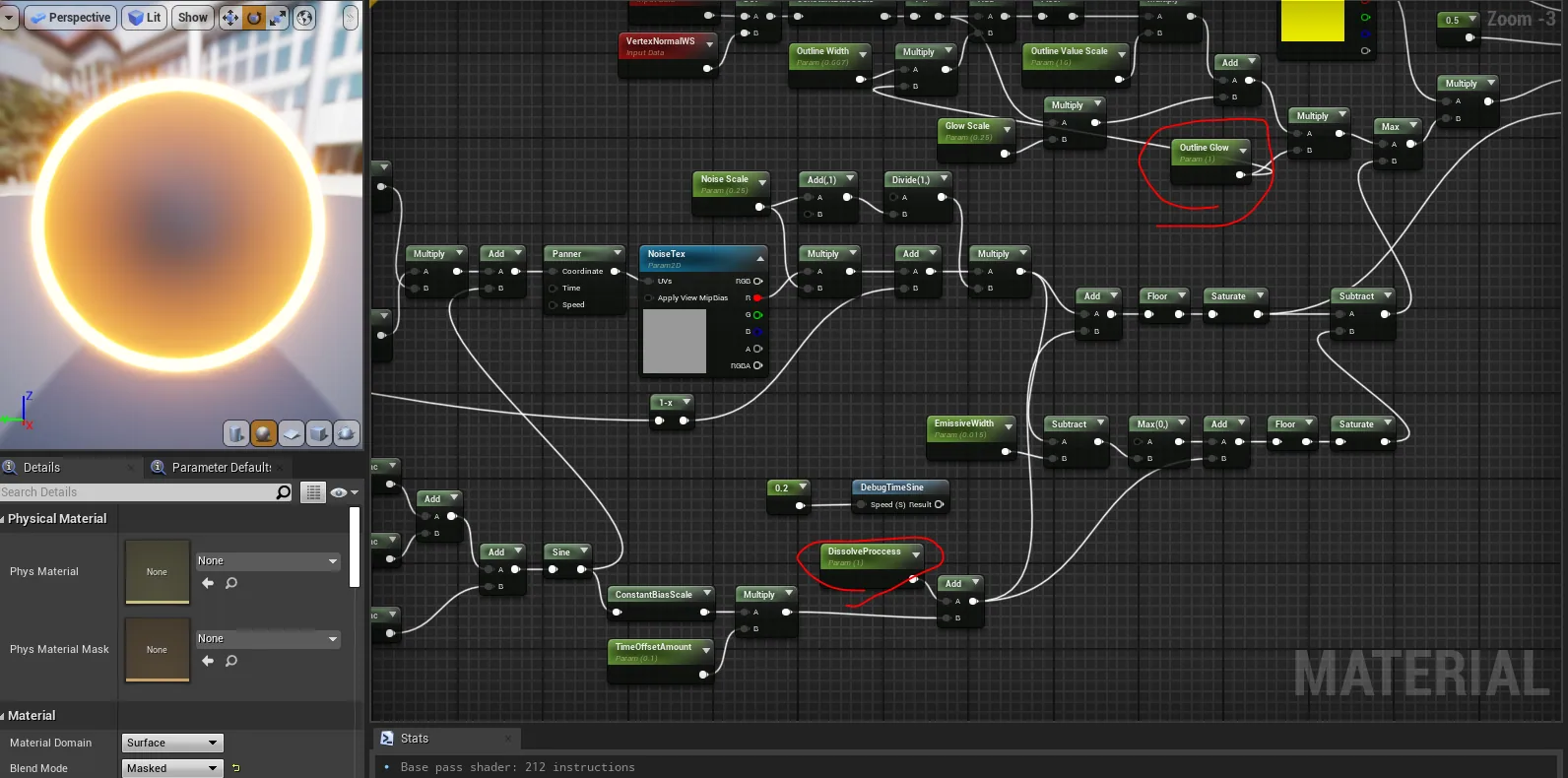 Unreal material graph and glowing sphere preview