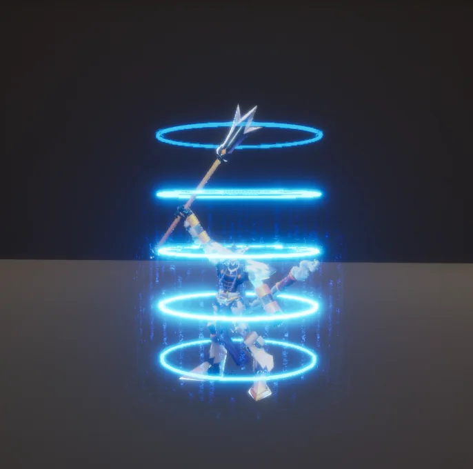 Erlangmon character standing inside cyan buff rings
