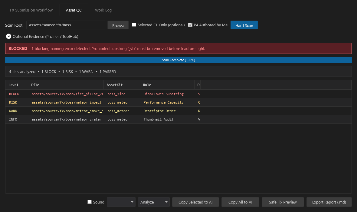 VFX Flow Asset QC Gate Blocked state showing naming violations
