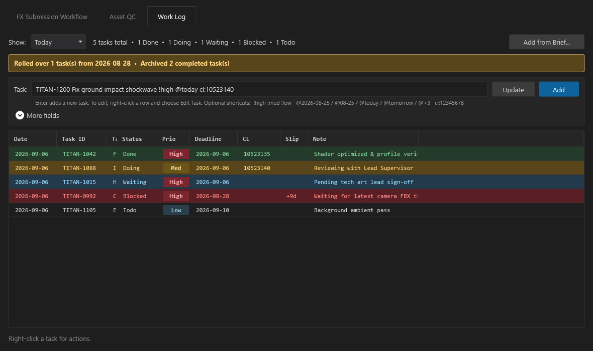 VFX Flow Work Log interface with color-coded status rows and rollover banner